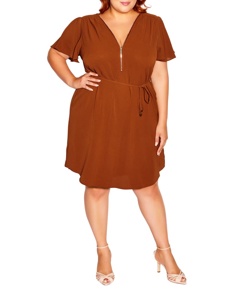 Front of a model wearing a size XS Sweet Fling Dress in Ginger by City Chic. | dia_product_style_image_id:228580